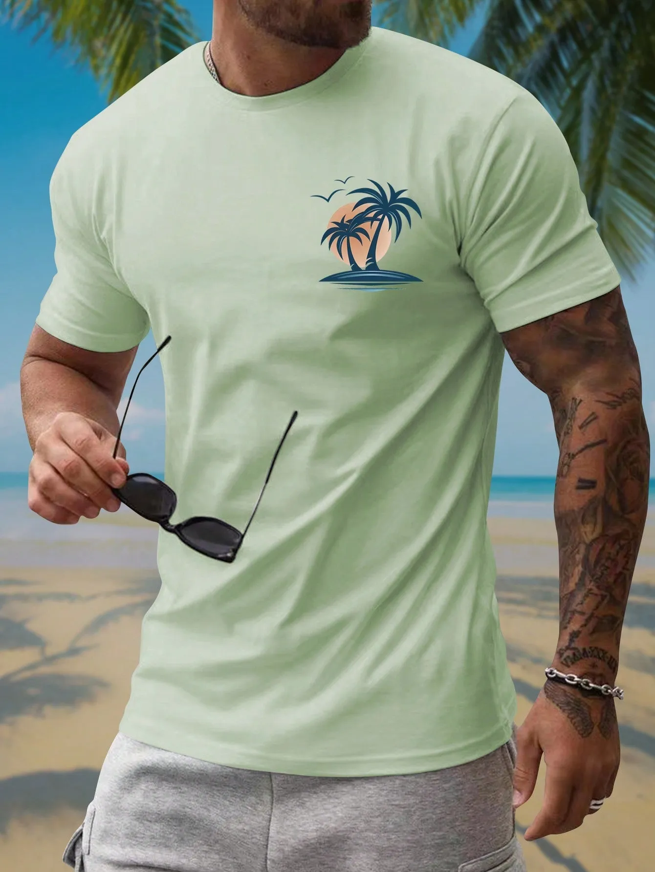 Men's Tropical Coconut Tree Slim Fit Summer T-Shirt, Short Sleeve, Casual