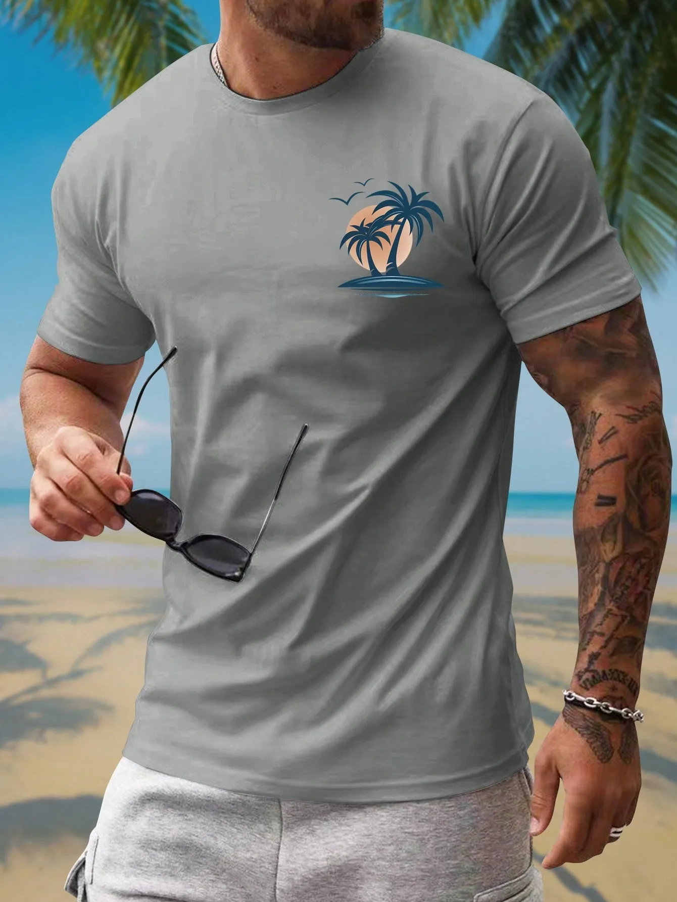 Men's Tropical Coconut Tree Slim Fit Summer T-Shirt, Short Sleeve, Casual