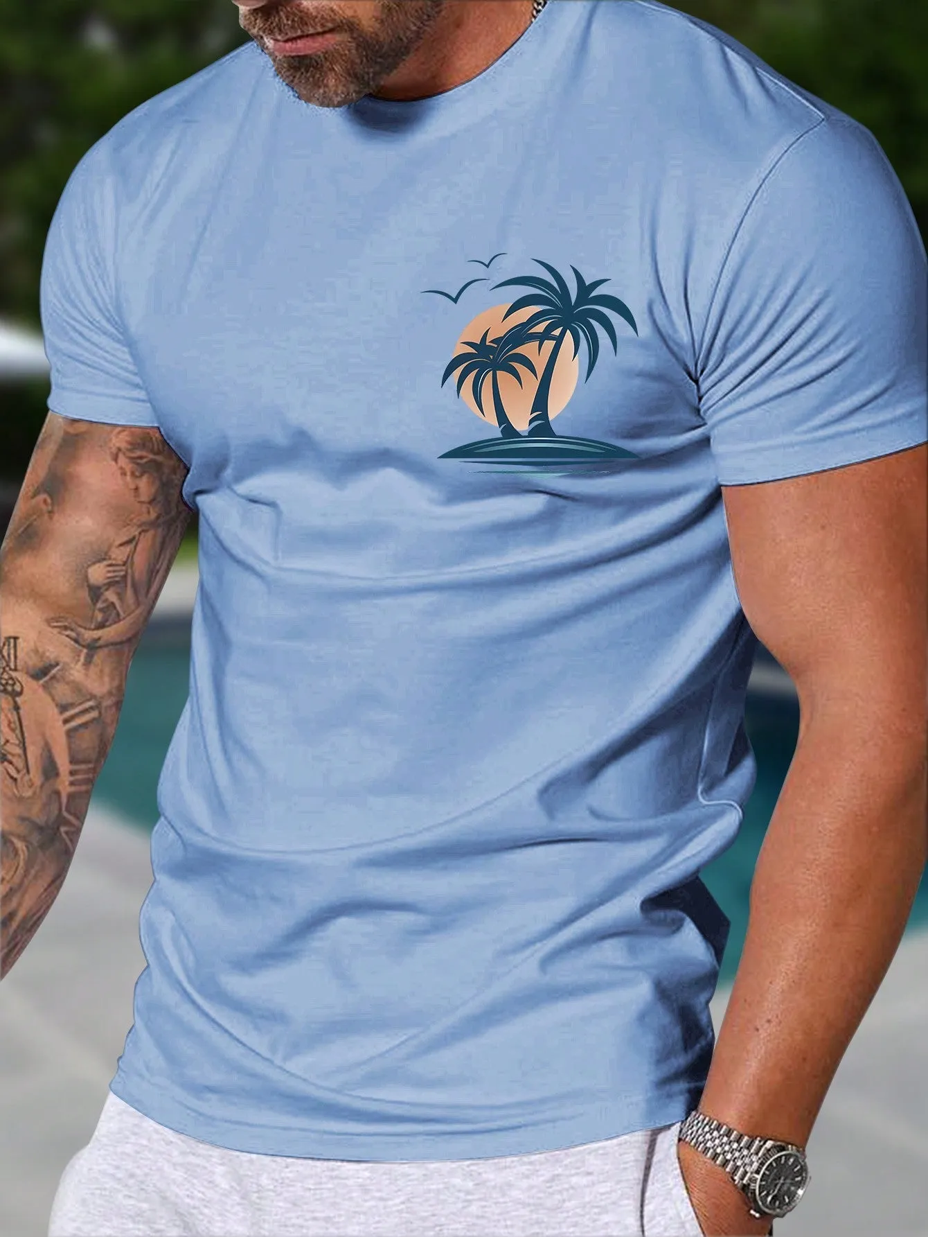 Men's Tropical Coconut Tree Slim Fit Summer T-Shirt, Short Sleeve, Casual