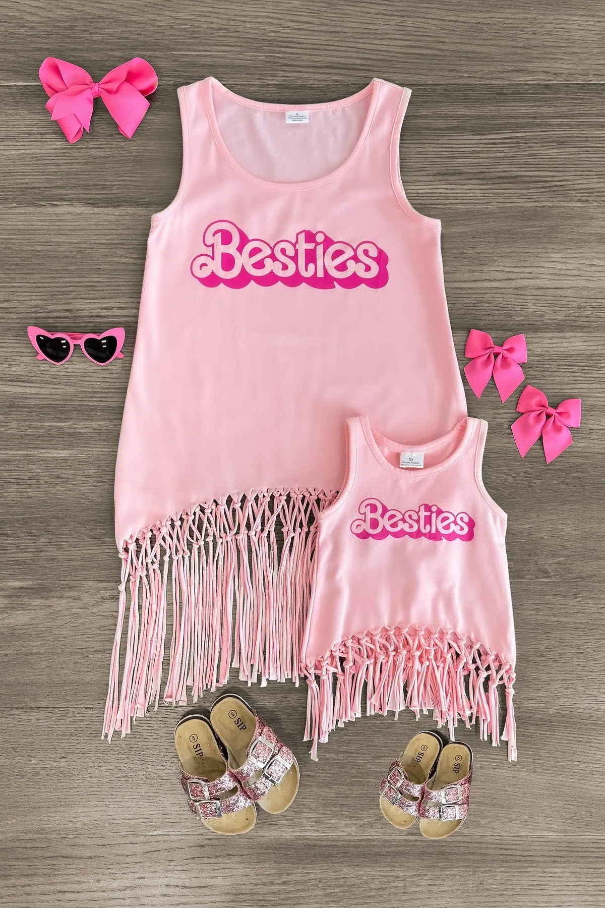 Mom & Me - "Besties" Pink Fringe Tank Top