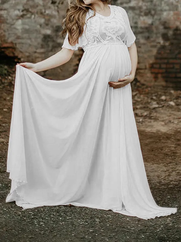 Momnfancy Photoshoot Flowy Lace V-neck Short Sleeve Flower Print Maternity Maxi Dress