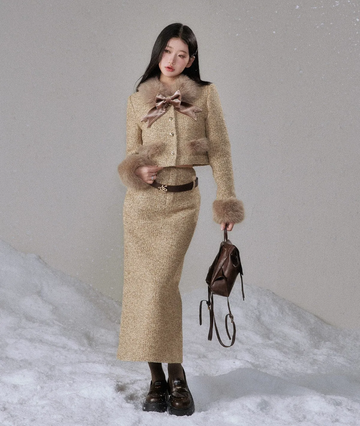 Monet Winter Thousand Gold Brown Tweed Fur Jacket & Skirt Two Piece Set