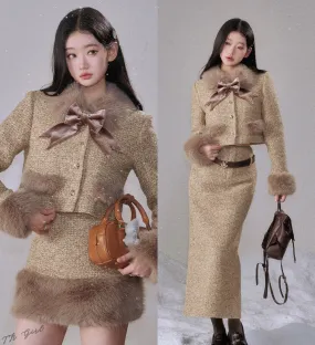 Monet Winter Thousand Gold Brown Tweed Fur Jacket & Skirt Two Piece Set