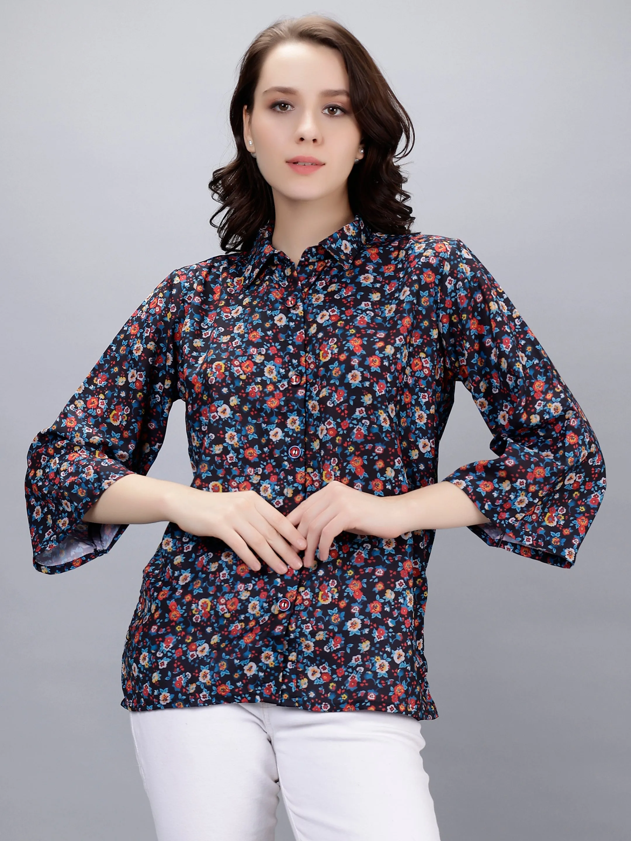 Multicolored Moss Georgette Floral Digital Printed Shirt