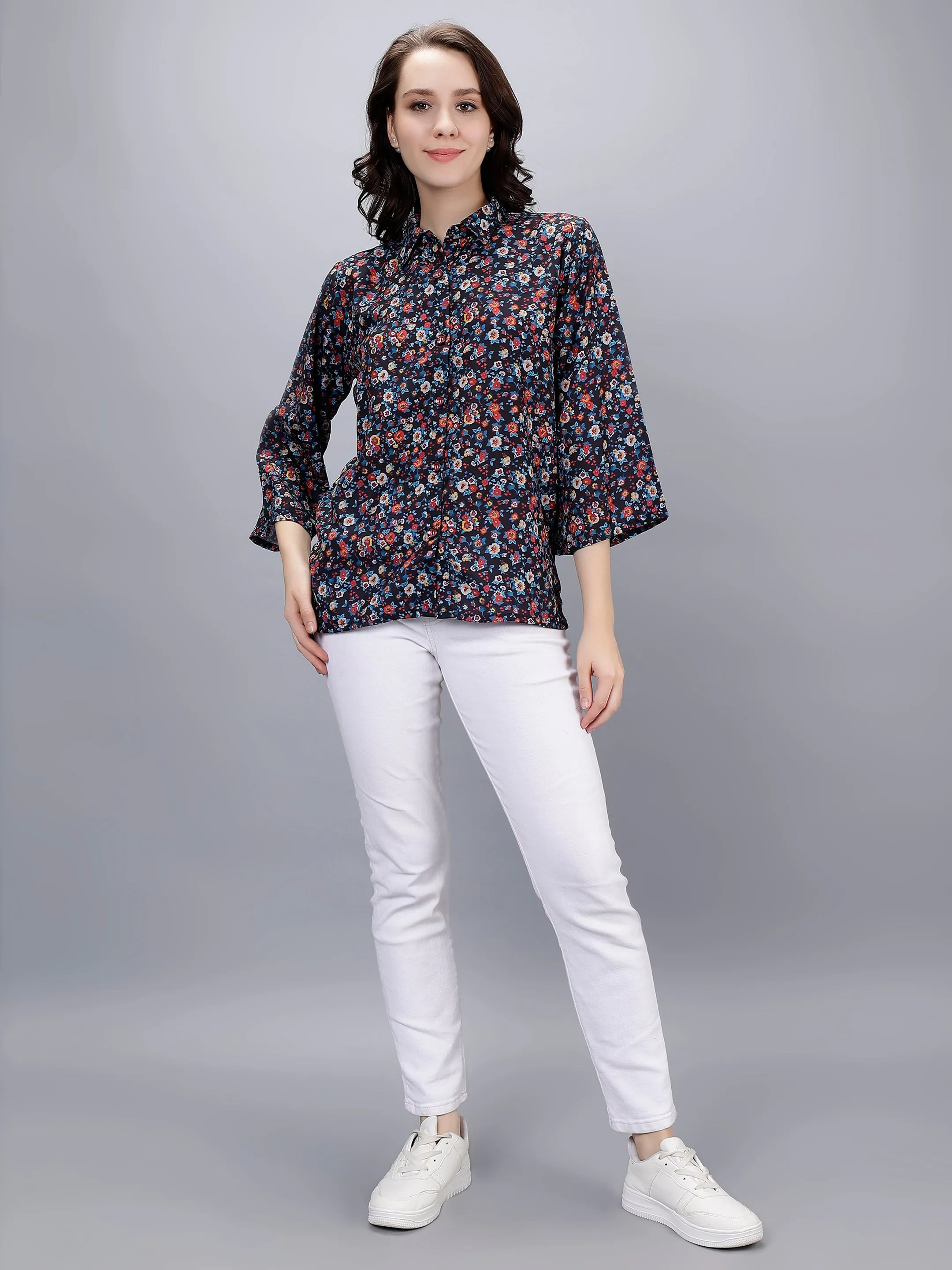 Multicolored Moss Georgette Floral Digital Printed Shirt