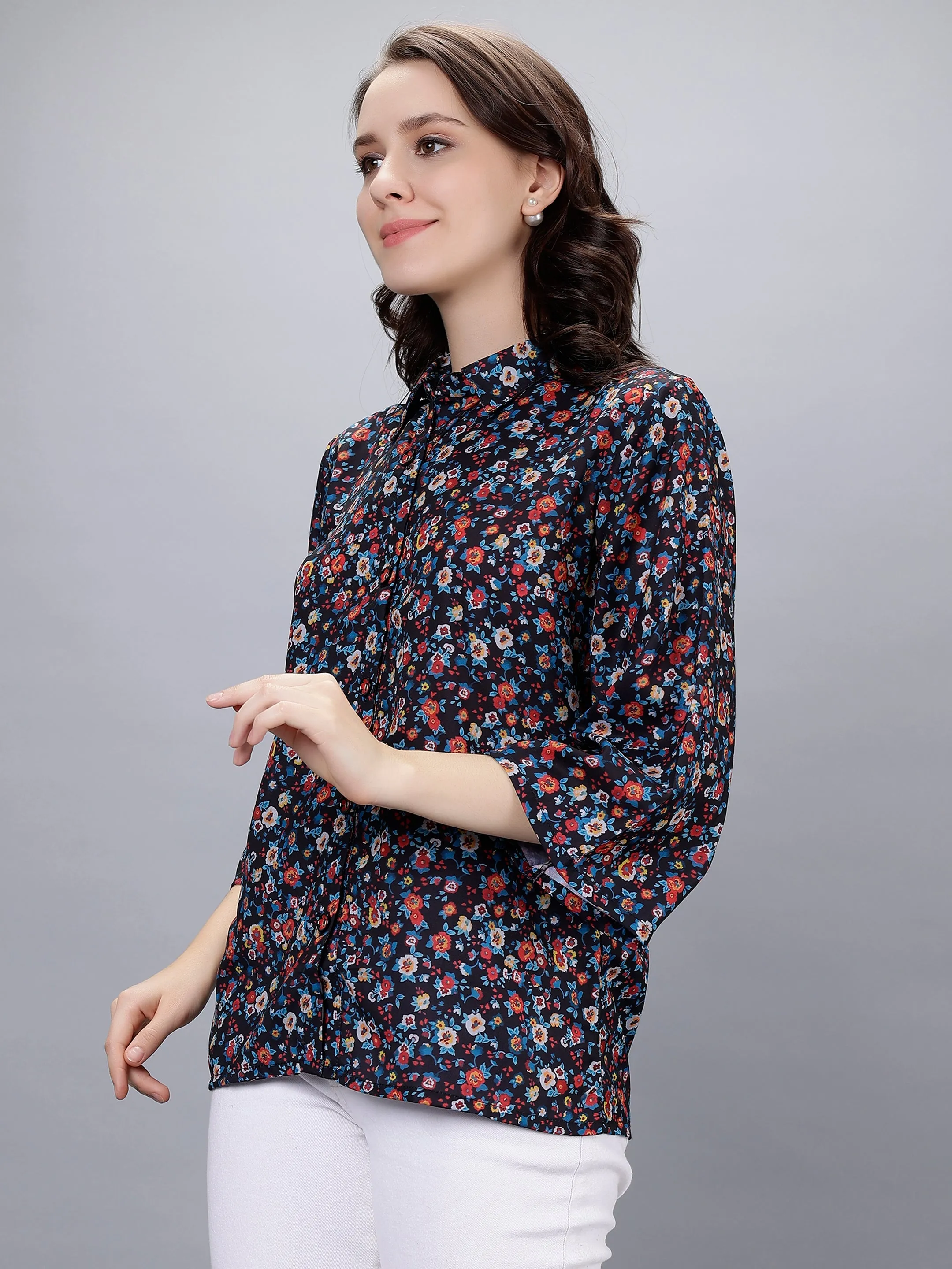 Multicolored Moss Georgette Floral Digital Printed Shirt