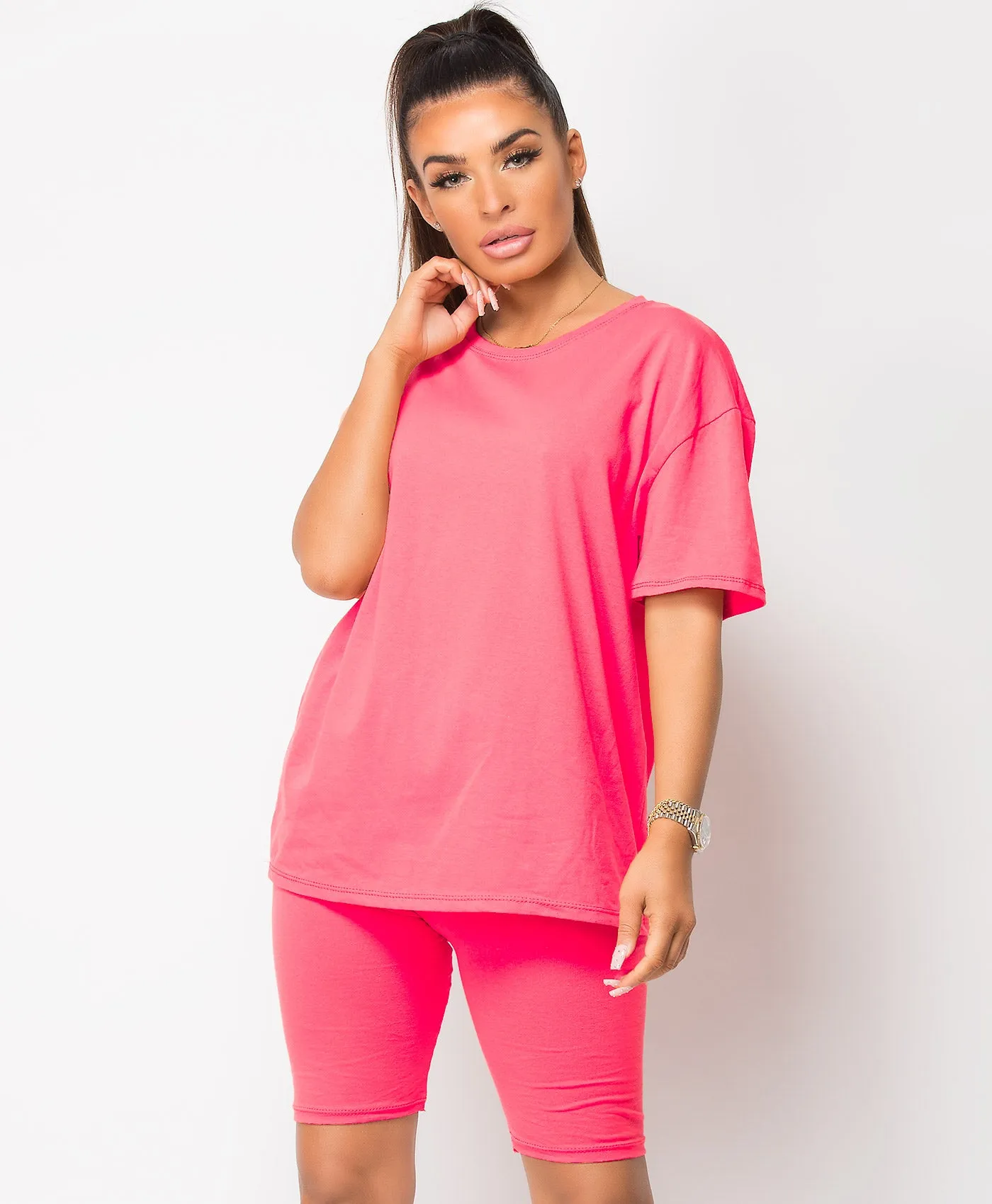 Neon Pink Cycling Short & T-Shirt Co Ord Loungewear Set