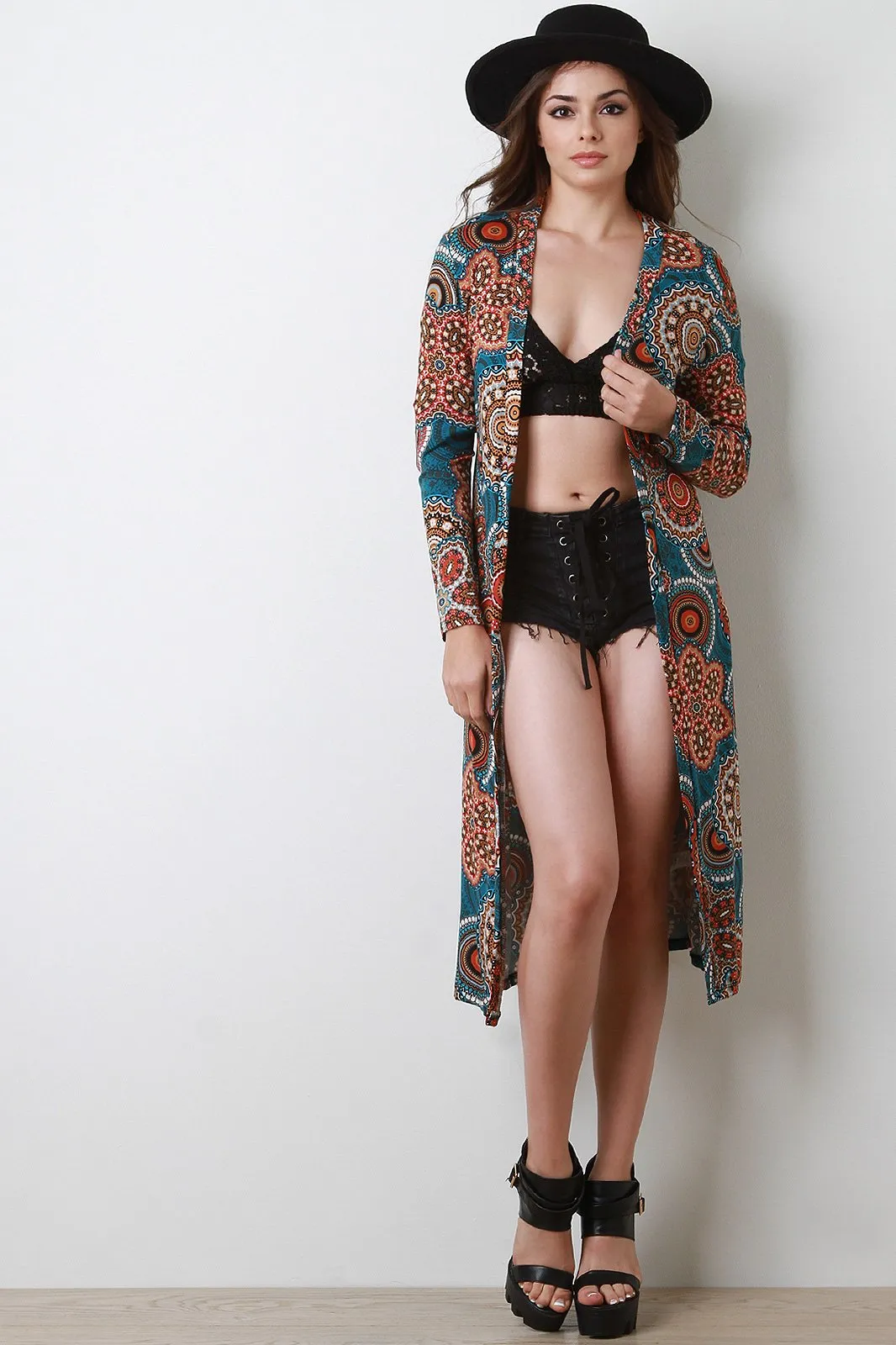 Paisley Print Open Front Longline Cardigan