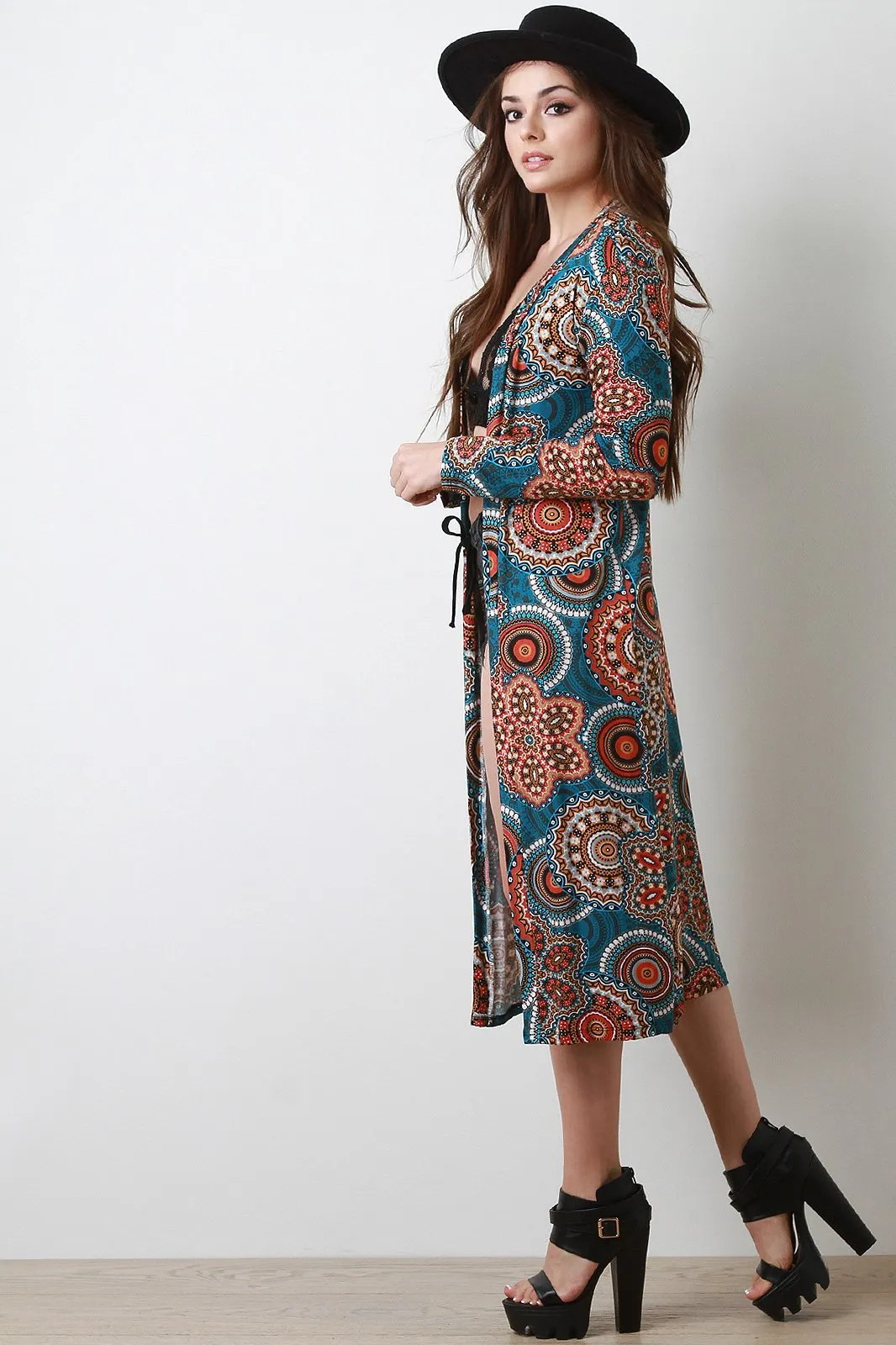 Paisley Print Open Front Longline Cardigan