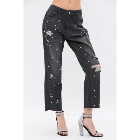 Pearl Embellished Ripped Denim in Black