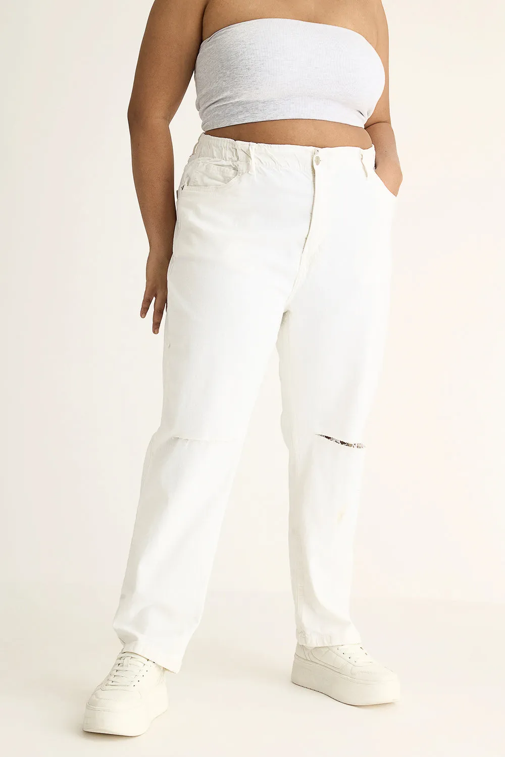 Pearl White Torn Knee Mom Jeans