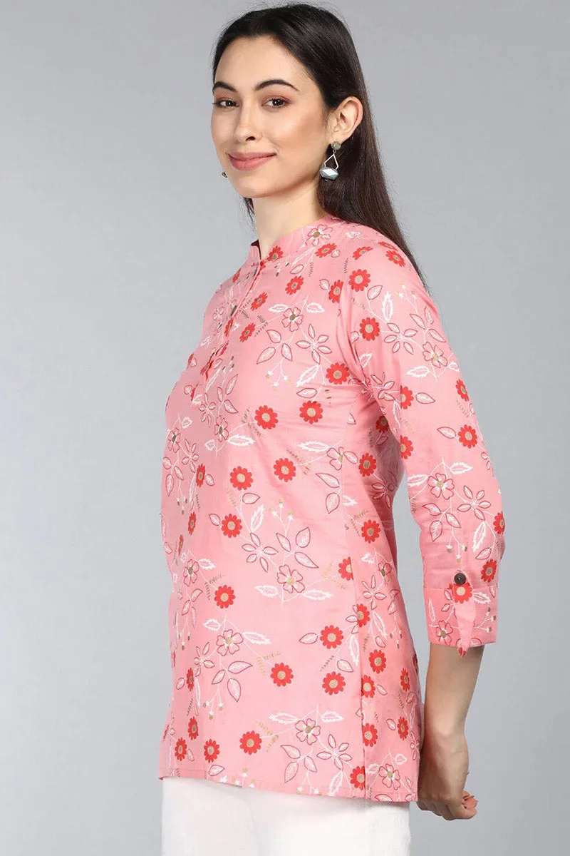 Pink Cotton Floral Printed Mandarin Tunic Top