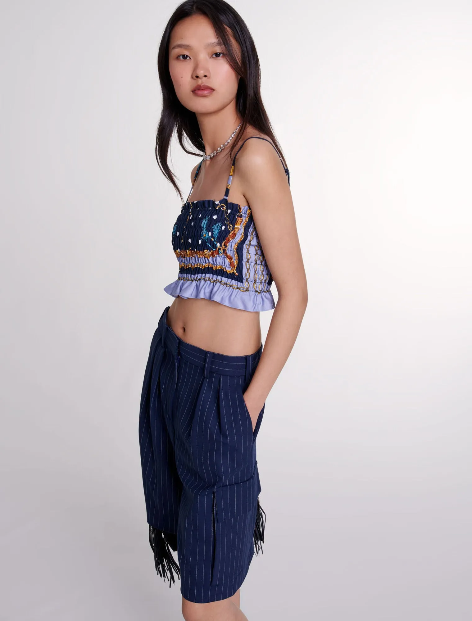 Printed smocked crop top