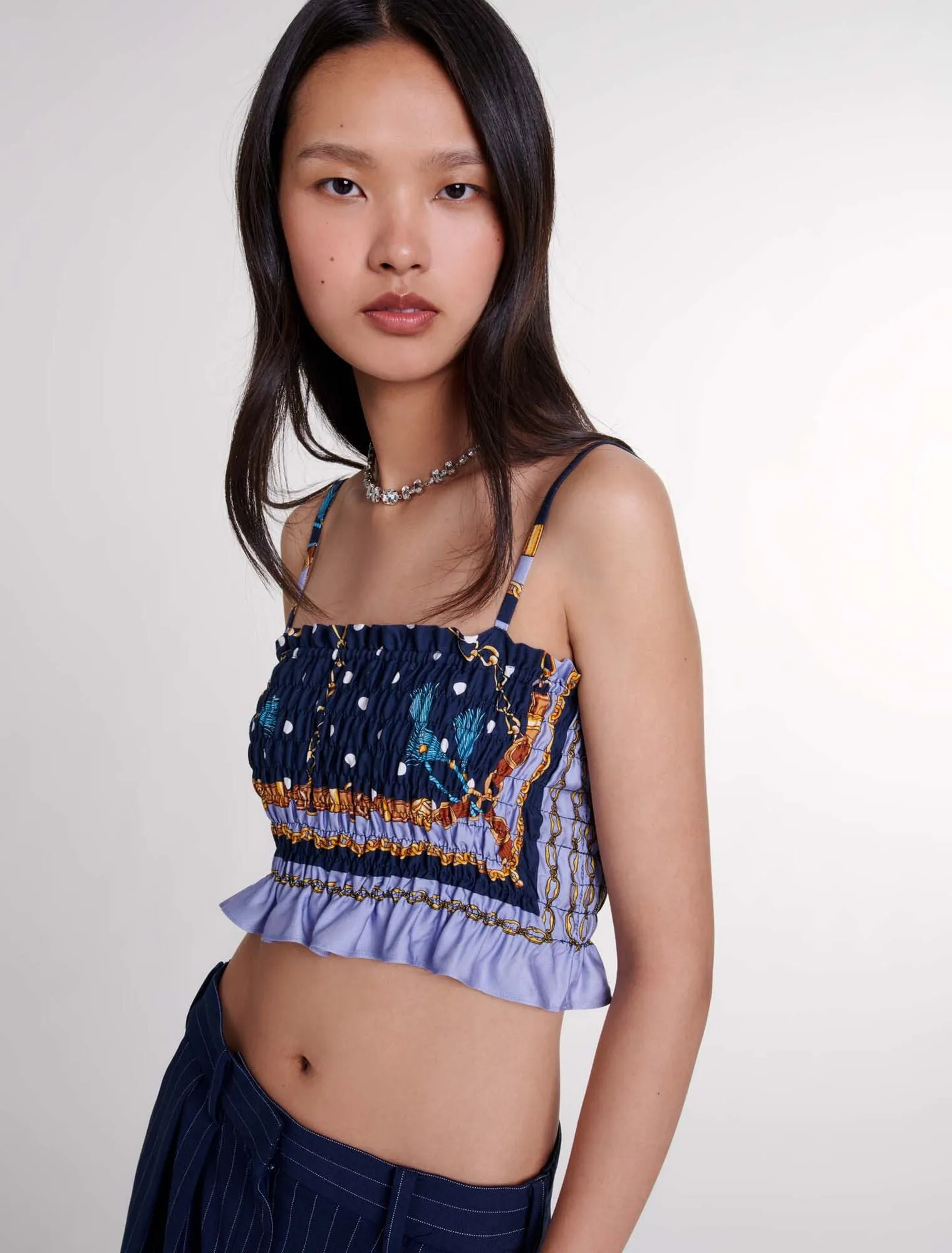 Printed smocked crop top