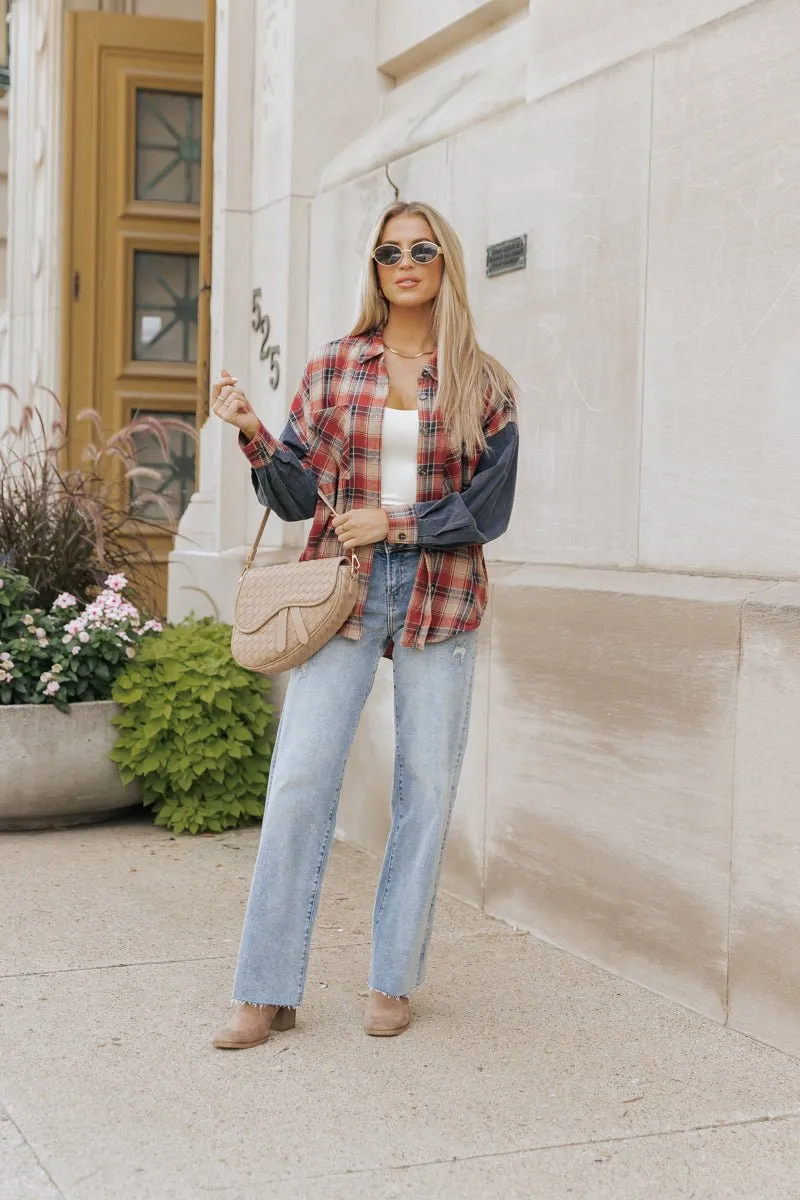 Red Plaid Color Block Button Down Shirt - FINAL SALE