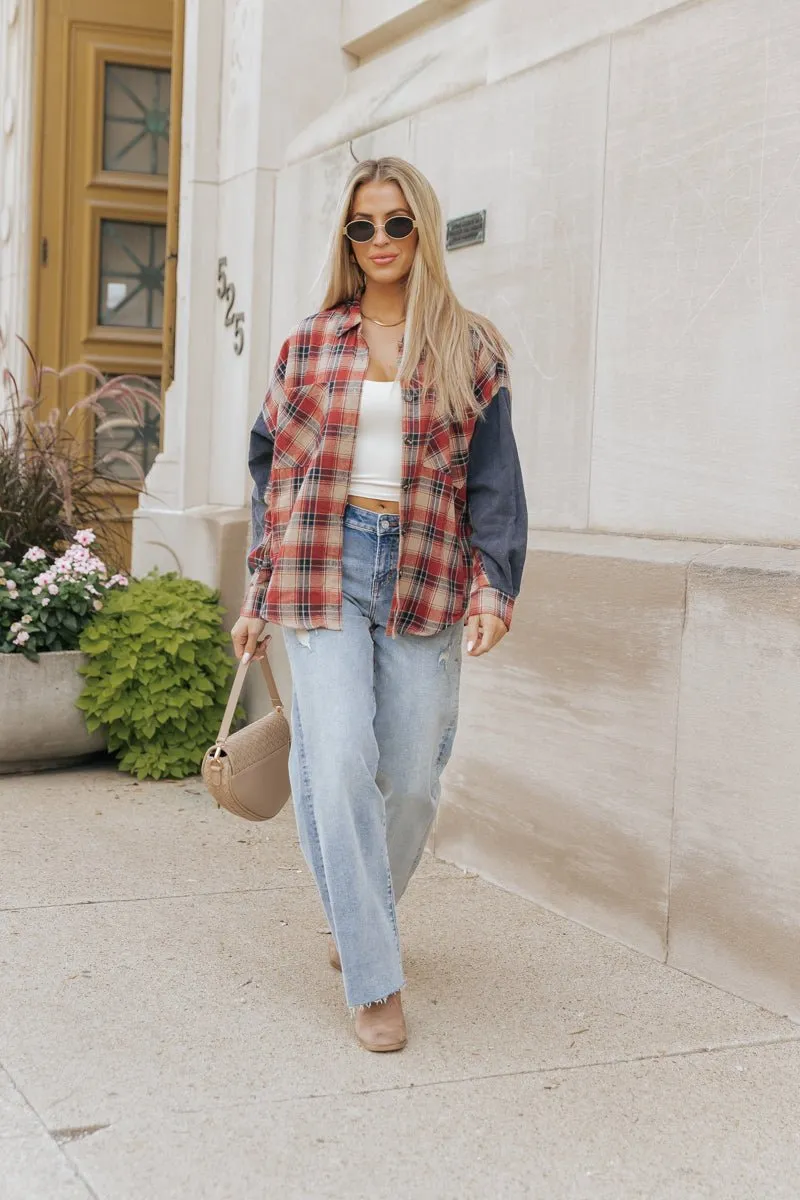 Red Plaid Color Block Button Down Shirt - FINAL SALE