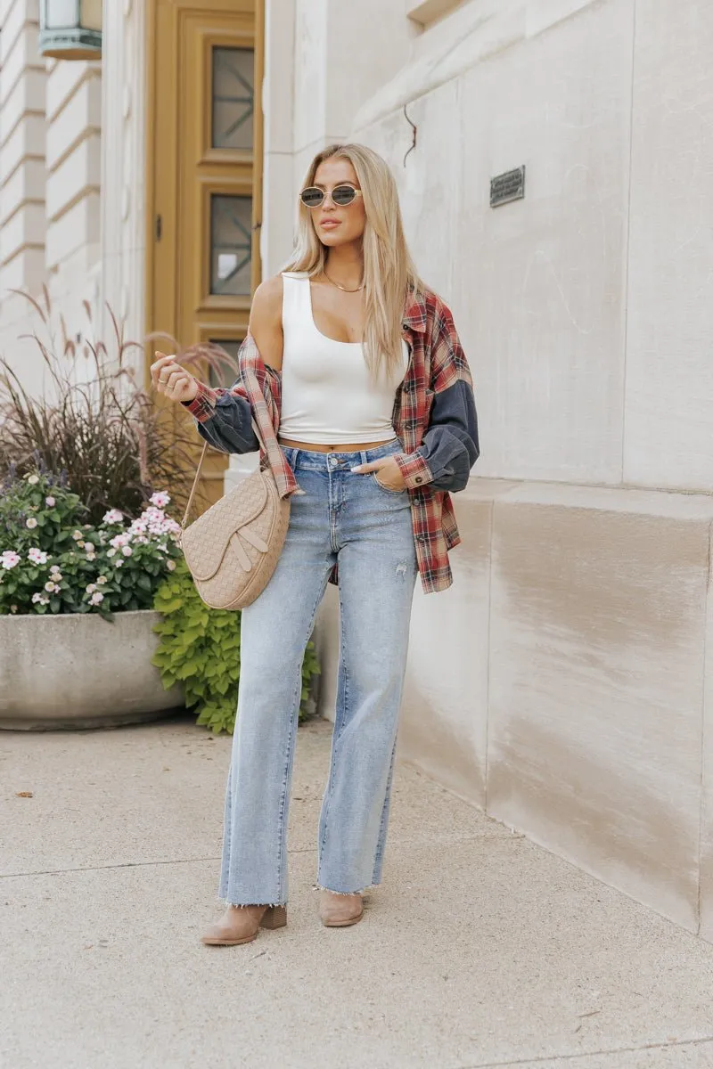 Red Plaid Color Block Button Down Shirt - FINAL SALE