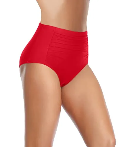 Retro Full Coverage Tankini Shorts High Waisted Bikini Bottoms-Red