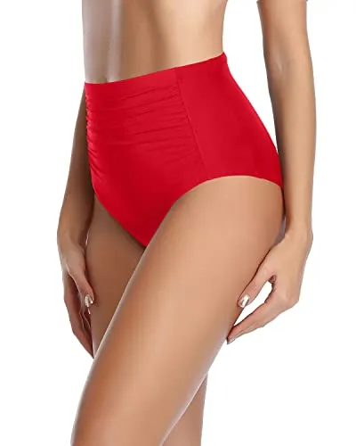 Retro Full Coverage Tankini Shorts High Waisted Bikini Bottoms-Red