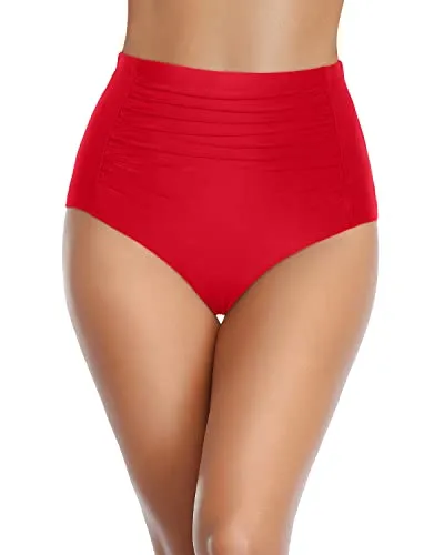 Retro Full Coverage Tankini Shorts High Waisted Bikini Bottoms-Red