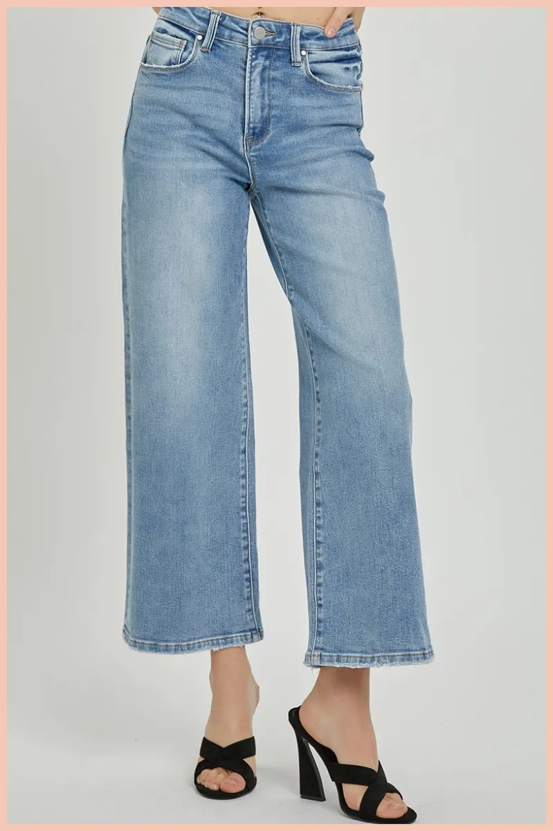 RISEN High Rise Cropped Wide Leg Denim