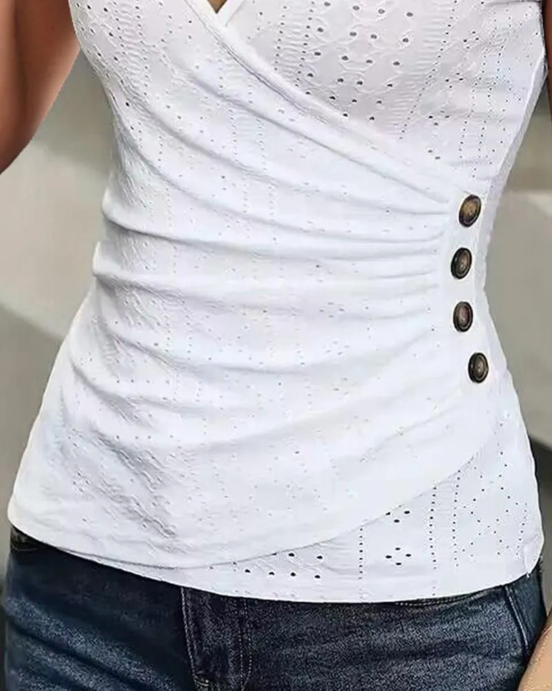 Ruched Buttoned Eyelet Embroidery Tank Top