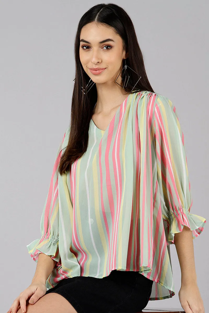 Sea Green Georgette Vertical Stripes Printed Kaftan Top