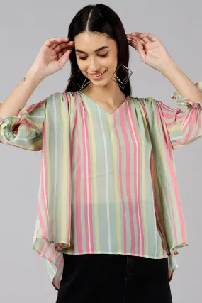 Sea Green Georgette Vertical Stripes Printed Kaftan Top