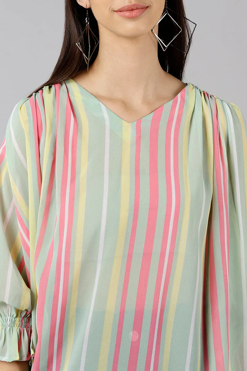 Sea Green Georgette Vertical Stripes Printed Kaftan Top