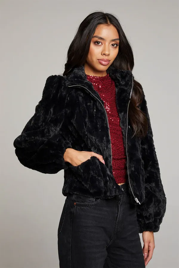 Sequin Faux Fur Coat | Licorice