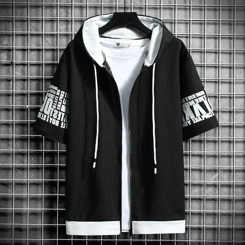 Short Sleeve Hooded Tops Trendy Slim Look Zipper Outerwear Jacket Outerwear