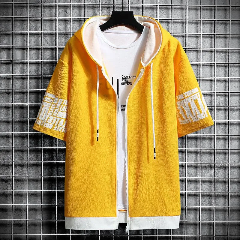 Short Sleeve Hooded Tops Trendy Slim Look Zipper Outerwear Jacket Outerwear