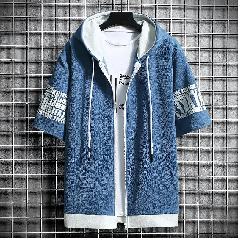 Short Sleeve Hooded Tops Trendy Slim Look Zipper Outerwear Jacket Outerwear