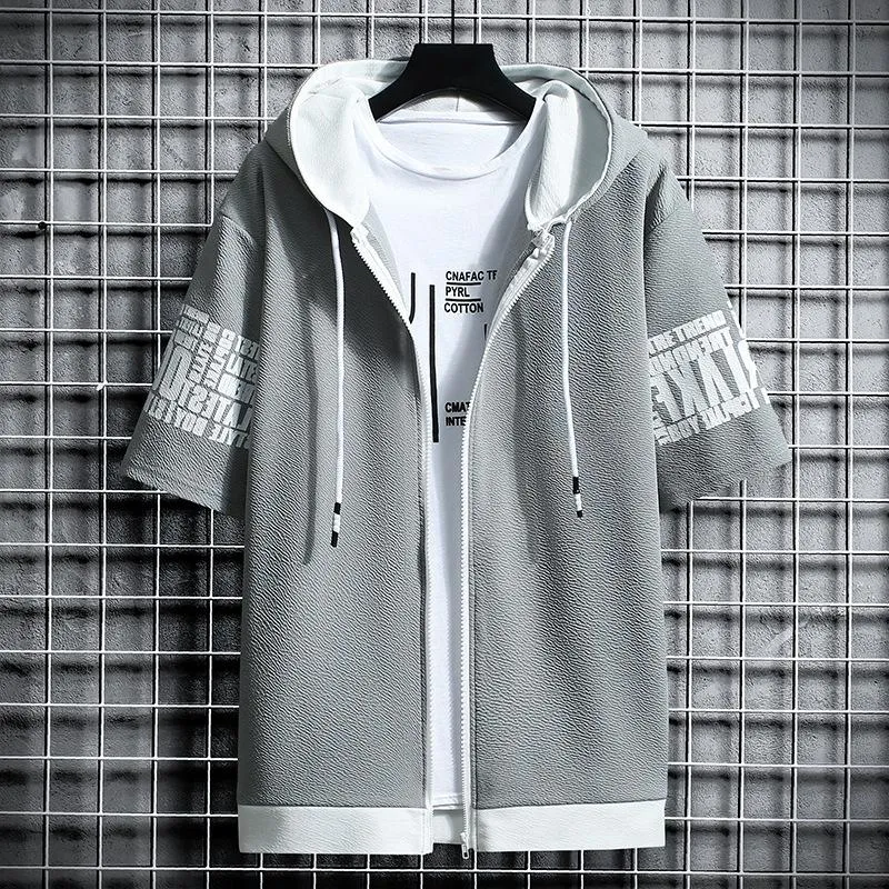 Short Sleeve Hooded Tops Trendy Slim Look Zipper Outerwear Jacket Outerwear