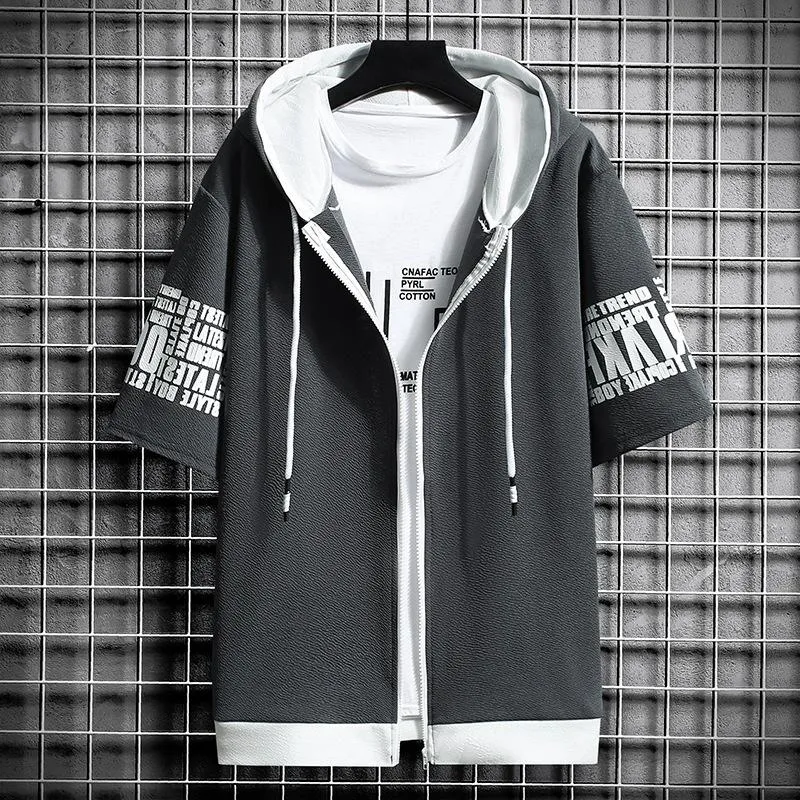 Short Sleeve Hooded Tops Trendy Slim Look Zipper Outerwear Jacket Outerwear