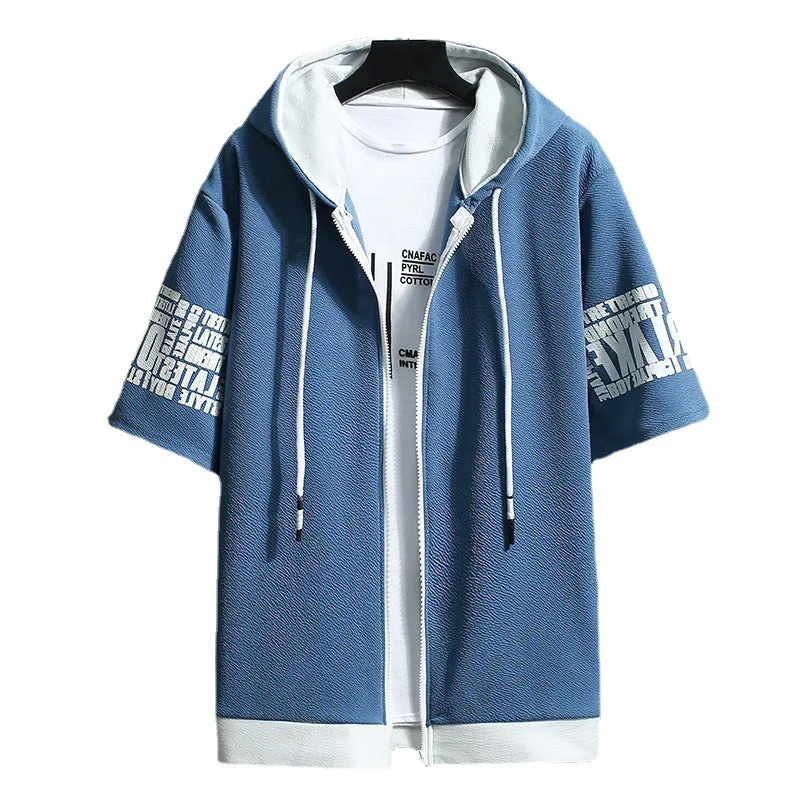 Short Sleeve Hooded Tops Trendy Slim Look Zipper Outerwear Jacket Outerwear