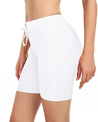 Slimming Women's Swim Shorts Full Coverage Long Board Shorts-White