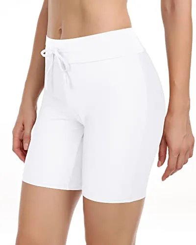 Slimming Women's Swim Shorts Full Coverage Long Board Shorts-White