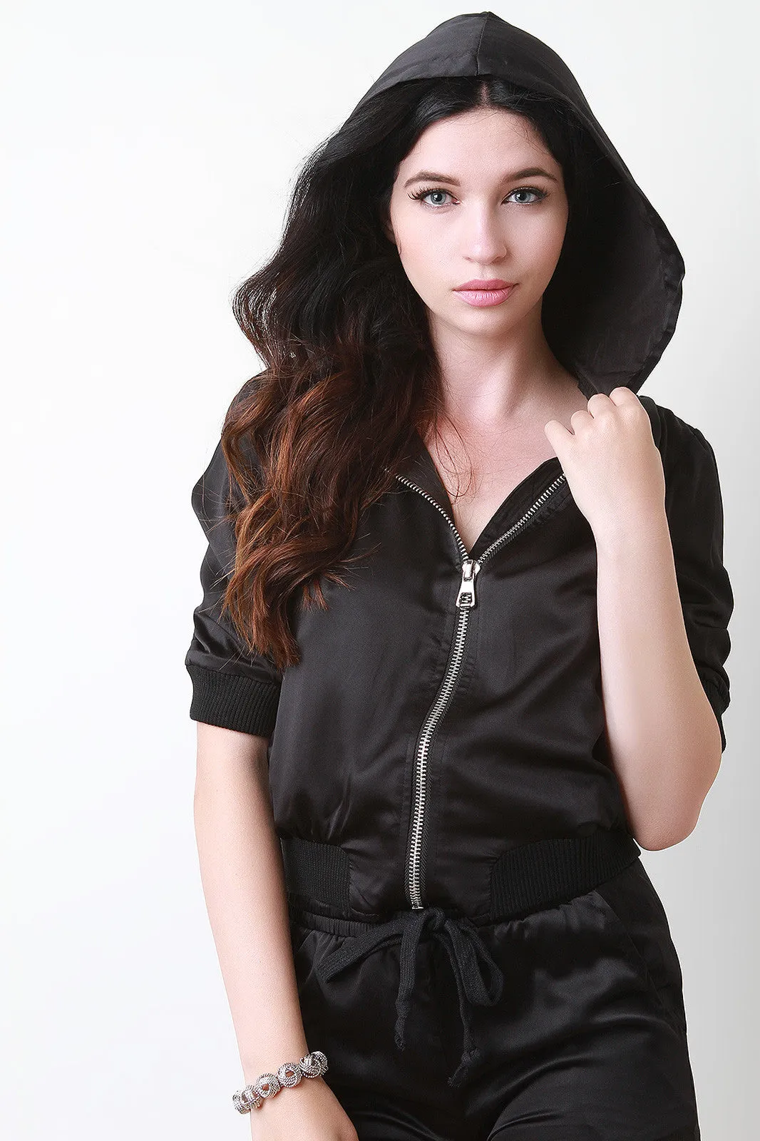 Smooth Satin Hooded Three Quarter Sleeve Jacket