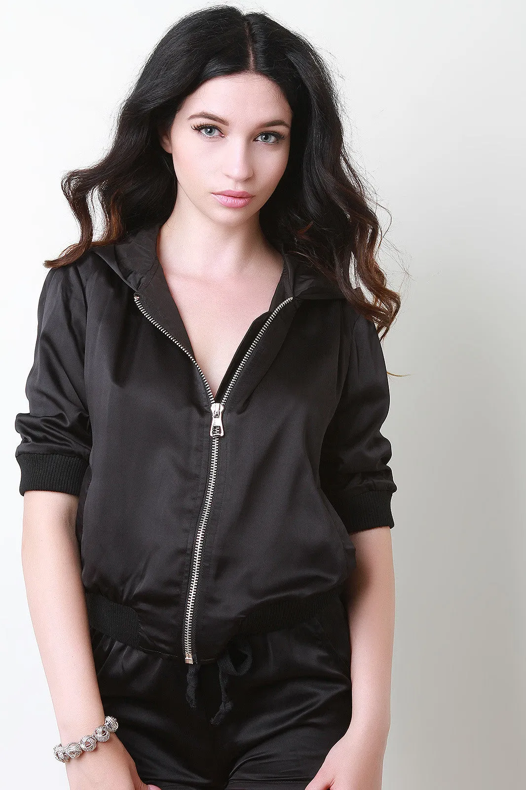 Smooth Satin Hooded Three Quarter Sleeve Jacket