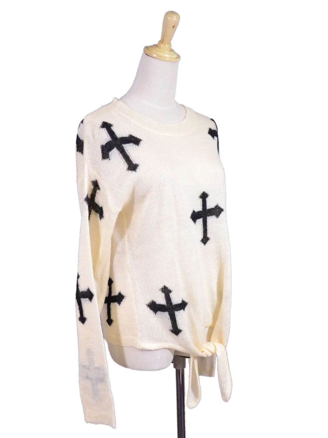 TCEC Gothic Casual Long Sleeves Cross Prints Knit Tie Waist Pullover Sweater