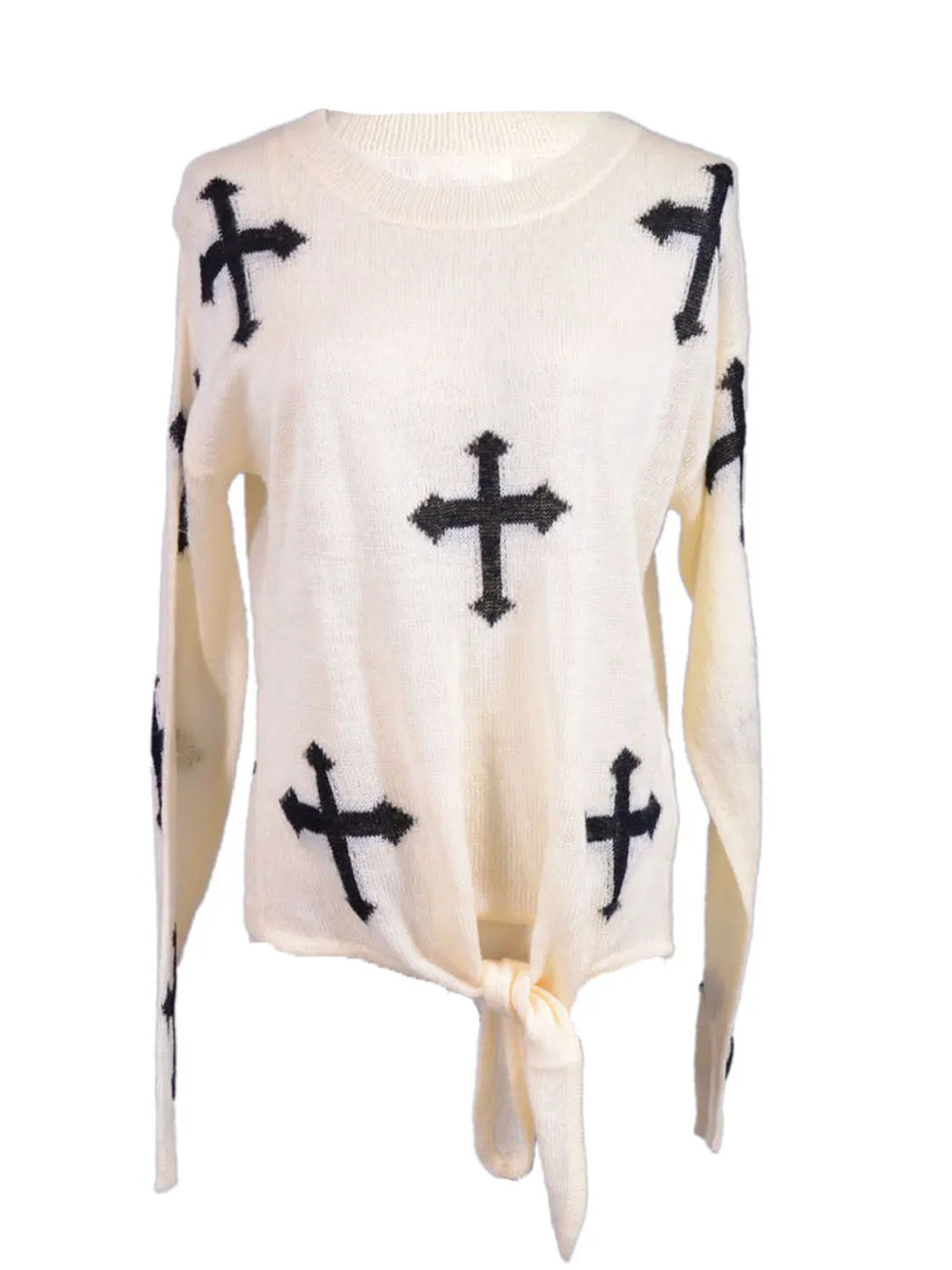 TCEC Gothic Casual Long Sleeves Cross Prints Knit Tie Waist Pullover Sweater