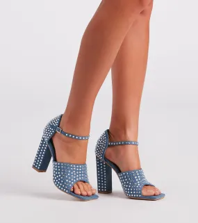 Trendy Diva Rhinestone Denim Block Heels