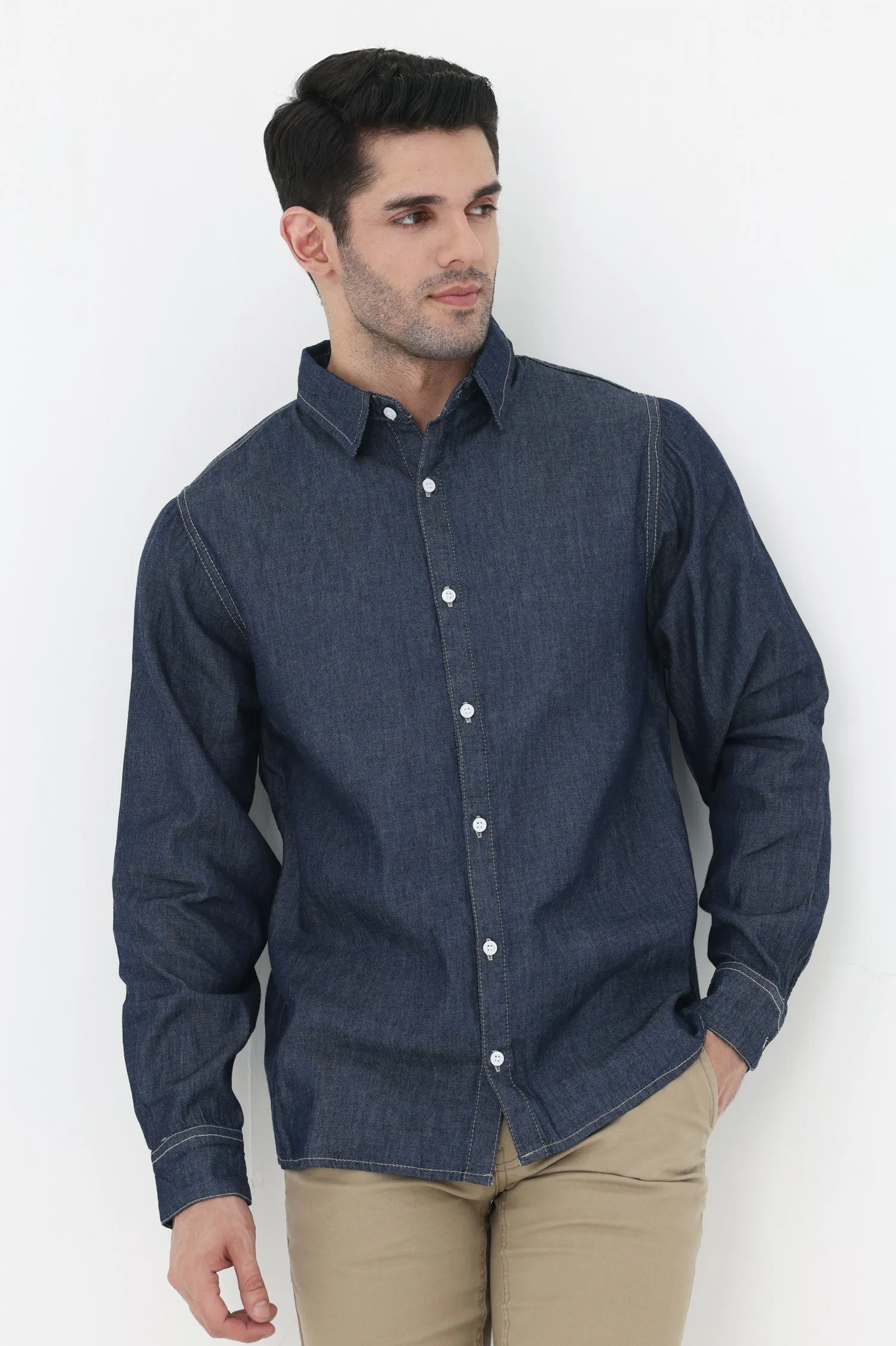 TRENDY FIT CASUAL DENIM SHIRT-DARK BLUE