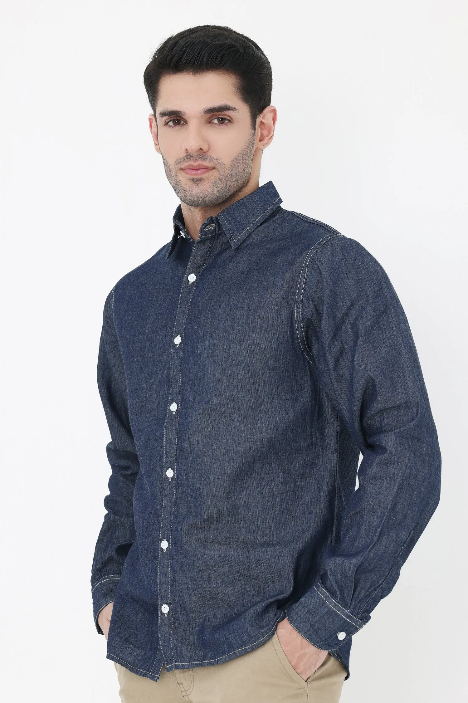 TRENDY FIT CASUAL DENIM SHIRT-DARK BLUE