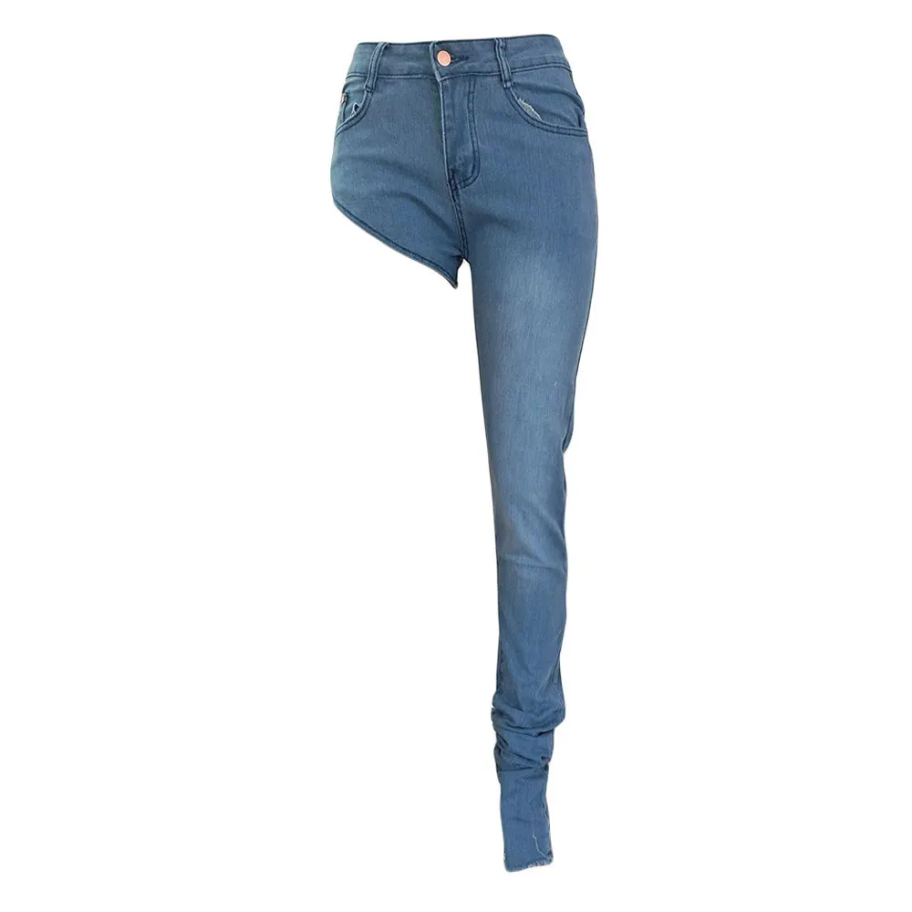 Trendy High Waist One Leg Irregular Denim Jeans