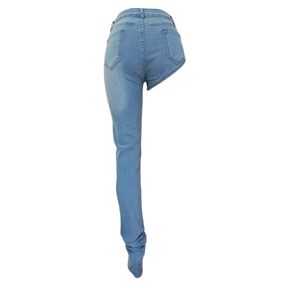 Trendy High Waist One Leg Irregular Denim Jeans