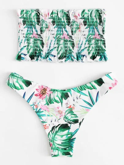 Tropical print smock tube bikini set