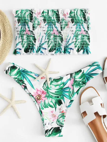 Tropical print smock tube bikini set