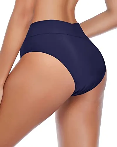 Tummy Control High Waisted Swim Bottom High Cut Tankini Brief-Navy Blue